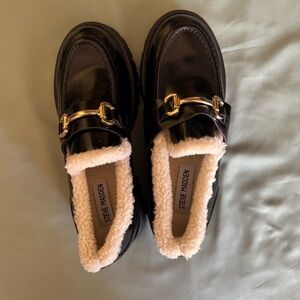 Steven Madden Lando Fur Black Leather Chunky Platform Loafers 6.5 women